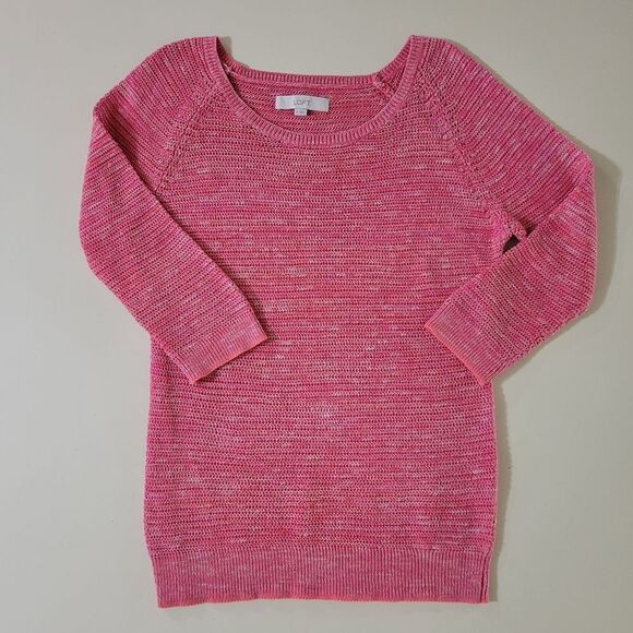 Loft Women's Pink Marled Roundneck Lightweight Elbow-length Pullover Sweater - Picture 2 of 11